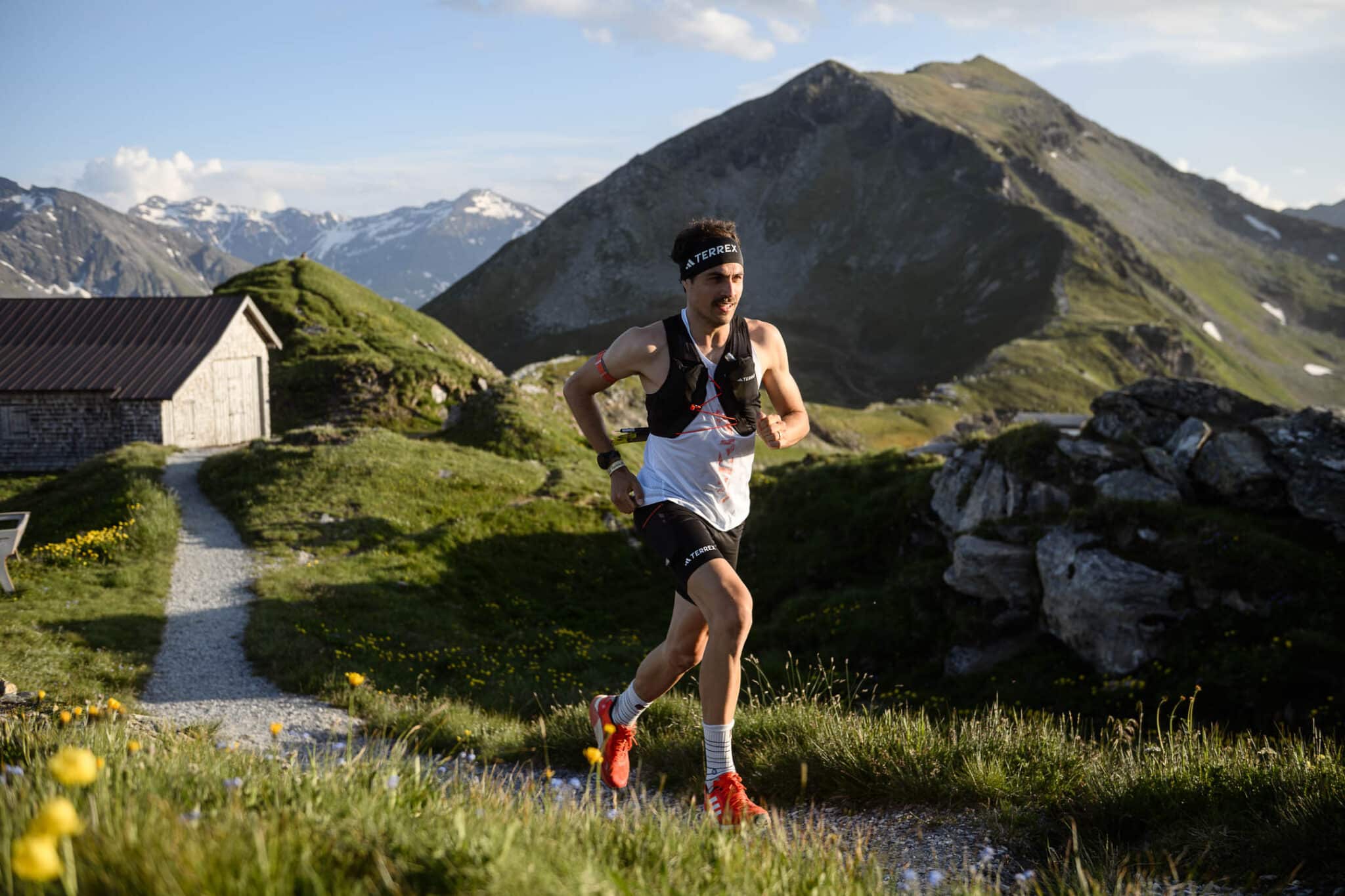 Trail Runner auf der Strecke mit Bergpanorama im Hintergrund